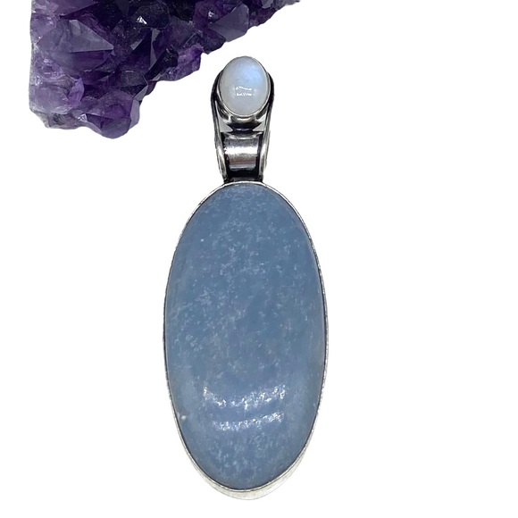 Artisan Jewelry - Angelite Rainbow Moonstone Necklace Pendant Stone Crystal 925 Sterling Silver